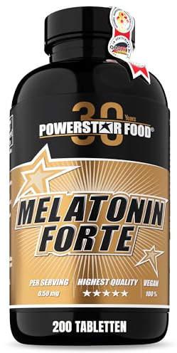 Powerstar Melatonin Forte 200 Tabletten 0,5 mg - Jahrespackung hochdosiert | Hochdosiert - natürliche Einschlafhilfe für Erwachsene - Anti-Jetlag-Effekt - Melatonin Tabs - Deutsche Herstellung