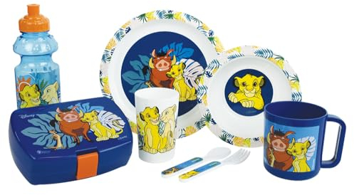 Fun House | Set Vaisselle pour Enfant Le Roi Lion 7 Pièces | Assiette Ø22 cm, bol, Verre, Mug, Gourde, Boîte Goûter, Couverts | Licence Officielle Disney | Vaisselle Réutilisable | Cadeau Dès 3 Ans