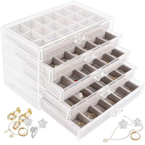 YAYODS Schmuckaufbewahrung Acryl - 5 Schubladen Schmuck Organizer - Schmuckschatulle Beige für ohrringe, Ringe, Jewellery