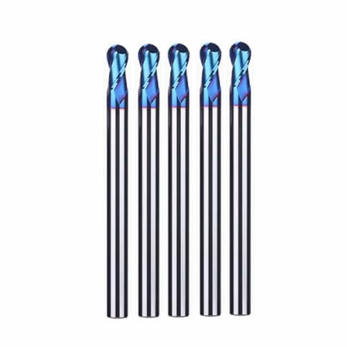 Hunricho 5pcs HRC65 Wolfram Stahl Kugelnase 2 Flöten Hartmetall End Mills mit Nanco Blau Beschichtung CNC Bits für Holz Kunststoff Stahl Schnitt 3D Carving Gravur (Tip Φ4mm)