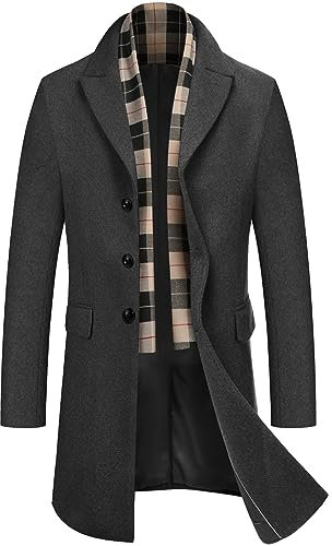 COOFANDY Mantel Herren Wintermantel Winterjacke Trenchcoat Windjacke Reversjacke Herrenmantel Kurzmantel mit Abnehmbaren Karierten Schals Männer Warmer Wollmantel Grau L