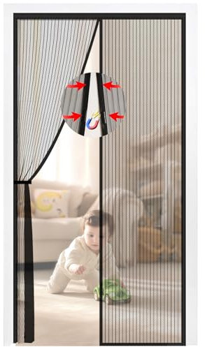 Magnetic Fly Screens for Doors, Fly Screen Curtain, Mesh Door Curtains to Stop Flies,90*210cm Heavy Duty Durable Self Sealing Anti Mosquito Folding Door Nets with Powerful Magnets, Frame Hook & Loop