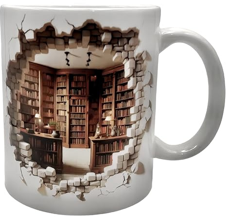 Keramikbecher, 3D-Regal, Kaffeetasse für Buchliebhaber, Kaffeetasse mit kreativem Raumdesign, geeignet für den Schreibtisch, Geburtstagsgeschenk (weiße Wand)