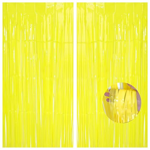 2pcs Yellow Tinsel Curtains, 3.2x6.5ft Macaron Curtain Party Foil Door Curtain Pastel Fringe Curtains Tassel Tinsel Backdrop for Birthday Hen Do Wedding Bridal Shower Party Décor