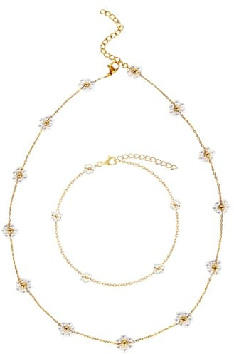 JAONLD 2 Stücke Gänseblümchen Kette Daisy Armband Perlen Damen Jewelry Set Armband mit Perlen Gänseblümchen Armband für Frauen und Mädchen,Blumen Schmuck Set Geschenk