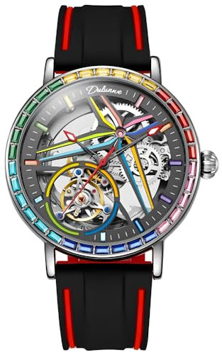 DAXIAOYU Einzigartiges Design, vollautomatische mechanische Herrenuhr, farbige Edelsteine, Einfassung, Skelett-hohles Schwungrad-Armbanduhr, wasserdicht, leuchtend, Edelstahl, trendige Uhren,