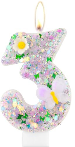 Butterfly 3rd Birthday Candles,Sparkler 3rd Birthday Candles, Purple Number 3 Candle for Cake, Purple Sequin Candle Cake Topper for Girls Boys Butterfly Themed Birthday Party Decorations Supplies