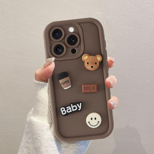 Coalbooliy Custodia per iPhone 16 Pro Max 6,9'', Cellulare Marrone Silicone Morbido Cover per telefono Aesthetic Modello Orsetto di peluche 3D Disegni Protezione Fotocamera Antiurto Case, 01