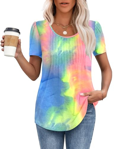 MOLERANI été T-Shirts pour Femmes décontractés T-Shirt Col Rond à Manches Courtes plissé T-Shirt Confort Amples Top Arc en Ciel 2XL