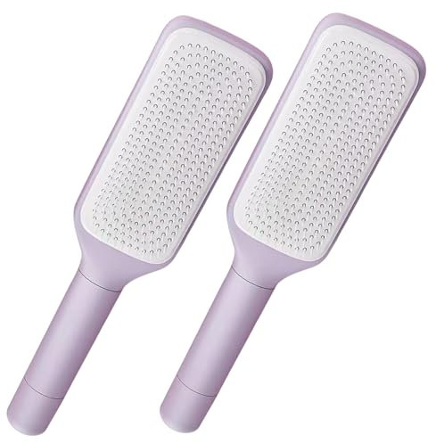 Retractable Hair Brush, 2Pcs Self Cleaning Hair Brush, One-Click Anti-Static Retractable Hair Brush with Rotating Handle, Self Cleaning Hair Brush for Women, Purple