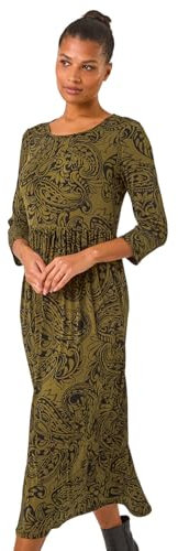 Roman Originals Midi Dress with Pockets for Women UK Ladies Stretchy Jersey Maxi Long 3/4 Length Sleeve Gathered High Waist Boho Flattering Skater Swing Fit Flare - Olive - Size 10