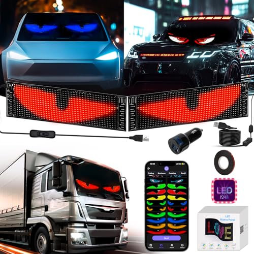 2 ojos LED para camiones y coches, 37 x 9 cm, ojos de diablo flexibles, pantalla LED con control de aplicación programable, texto, graffiti, diferentes patrones, letrero luminoso, pizarra LED