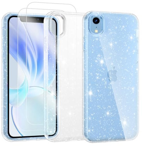 Noyabox für iPhone XR Transparent Glitzer Hülle mit 2 Panzergläsern, Handyhülle Silikon Funkelnd Weich Leicht Kratzerfest TPU Case, Durchsichtig