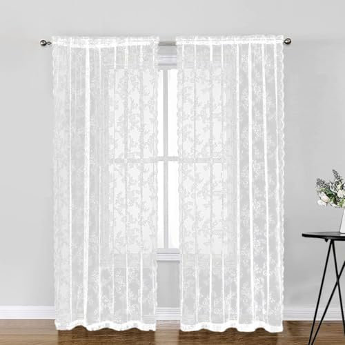 Whakano 2 Stück Spitze Vorhänge Dekorative Gardinen,Blumen Muster Gardinen Transluzente Verdunklung Gardinen für Küche Wohnzimmer Luftig Dekoschal für Schlafzimmer,Heimdekoration,Weiß,W100xL140cm