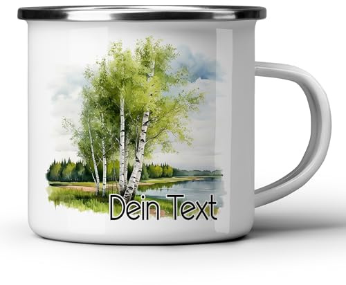 GRAZDesign Emaille Becher 300ml mit Birken Motiv, Tasse für Camping und Outdoor