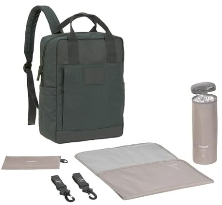 LÄSSIG Baby Wickelrucksack Wickeltasche Rucksack mit Wickelunterlage, Kinderwagenbefestigung, Flaschenhalter nachhaltig produziert/GRE Vividal Backpack dark olive