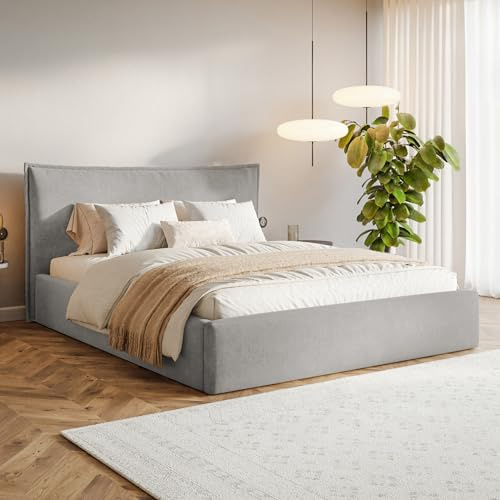 MOTIVENA Leno Bett 140x200 Grau Samt, mit Stauraum, mit Kopfteil, mit Lattenrost, ohne Füße, ohne Matratze, Polsterbett 140x200 mit Bettkasten Grau (Hellgrau)