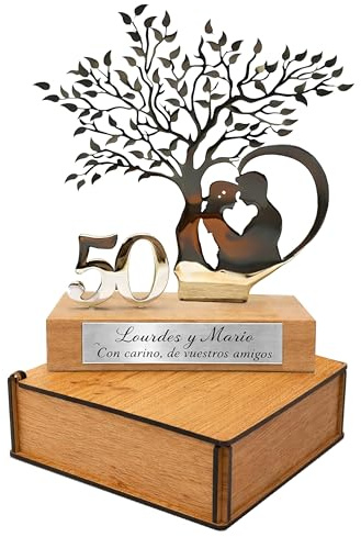 50 Aniversario Bodas Oro -Regalos 25, 50 Aniversario Boda- Figura Decorativa en Acero Inoxidable y Madera de Haya con Estuche de Madera de Lujo- Regalos para Bodas de Oro
