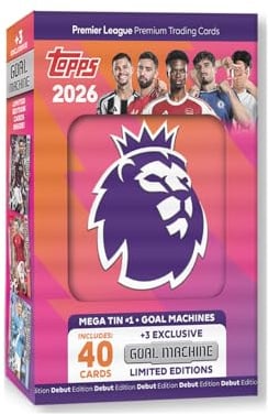 Topps Premier League 2026 - Debüt-Edition - Mega Tin (Goal Machines). Enthält 40 Karten Plus 3 Goal Machine LE-Karten.