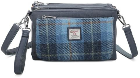 Love EMVY Signature Tartan Tweed Collection Crossbody Bag – Genuine Harris Tweed Wool Fabric – 3 Zipped Compartments, Adjustable Strap – 27 × 19 × 9 cm