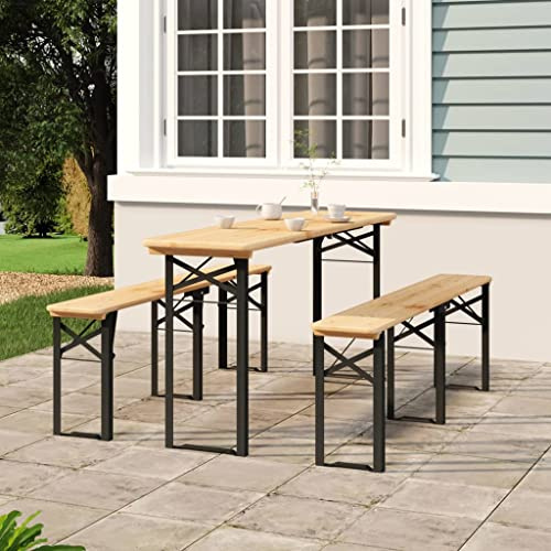 Teenpull 3-TLG. Biertisch-Set Klappbar Massivholz Tanne, Dunkelgrünes Metallgestell, 170 cm Länge, für Garten, Terrasse, Picknick, Outdoor-Möbel, robust und langlebig