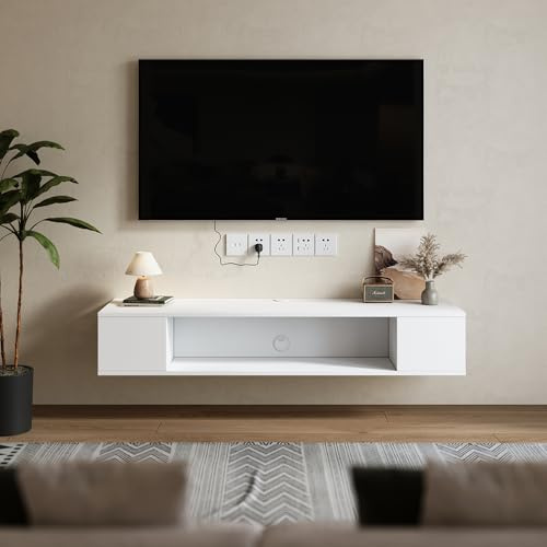 Warmiehomy Floating TV Unit Wall Mounted Media Wall TV Stand 135cm,White | TV Unit Floating TV Units Media Wall Mounted with Two Baffles Media Wall TV Stand Cabinet Units for Living Room,Bedroom
