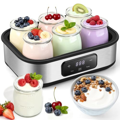 Yogurt Maker with Adjustable Temperature & 48H Timer - 6 Glass Jars for Homemade Probiotic Yogurt, for Family Wellness & Healthy Diet Lovers