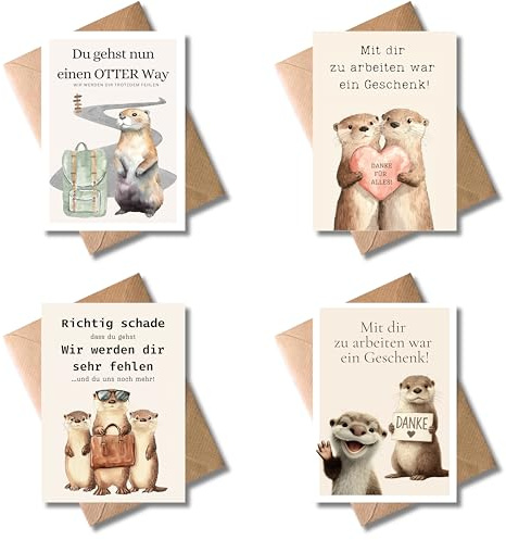 WBdesignz 4er-Set Abschiedskarten Otter mit Umschlägen - Dankeskarten für Kollegen & Mitarbeiter zum Arbeitsabschied - mit Humor, Sprüchen - ideal für gute Abschiede, Jobwechsel & Dankbarkeit (DIN A6)