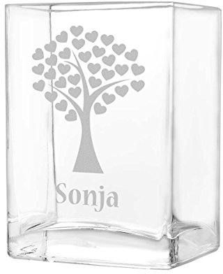 kleine Blumenvase Vase Personalisiert mit Gravur - Geschenkidee zur Hochzeit oder Muttertag - Motiv Baum mit Einer Krone aus Herzen