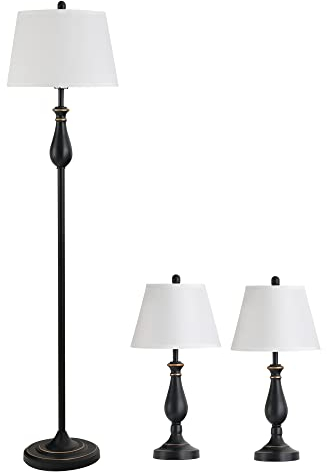 HOMCOM 3er-Lampenset 2 Tischlampe(ø30 x 62H cm) + 1 Stehlampe(ø38 x 158H cm) Vintage, Schwarz+Weiß, Metall, PS, Polyester, Baumwolle E27 Lampensockel