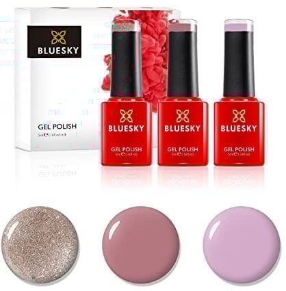 Bluesky Gel Nail Polish Set, Pretty In Pink, Pink Lavender Spc03, Tease Qxg080, Fairy Dust 63903, 3 x 5 ml Dark Pink, Light Pink, Glitter (Requires Curing Under UV or LED Lamp)