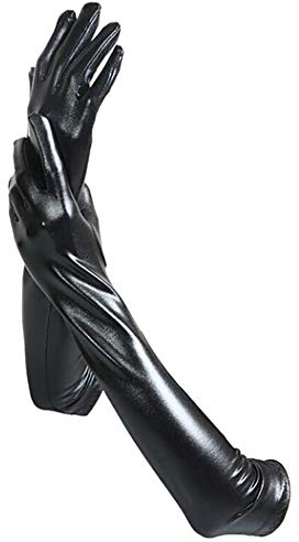 JIHUOO Sexy Elastic Shiny Wet Look Long PU Leather Evening Party Gloves for Women Black
