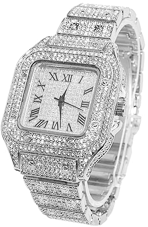 Halukakah Quadratisch Zifferblatt Diamant Golduhr Iced Out, Männer Platin Weißgold Plattiert Quarz Armband 24cm, mit Geschenkbox