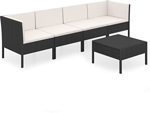 vidaXL Gartenmöbel 5-TLG. mit Auflagen Tisch Fußhocker Ecksofa Mittelsofa Sitzgruppe Sofa Lounge Garten Garnitur Gartenset Gartensofa Poly Rattan Schwarz