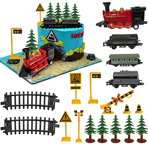18PCS Train Cake Decorations and Toppers for Birthday Party Supplies - Railway Steam Theme Party Decorations With Track and Traffic