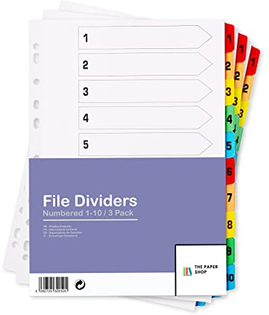 File Dividers A4, 10 Part Folder Dividers for Ring Binders & Lever Arch Files, Binder & Subject Dividers (3 Pack)