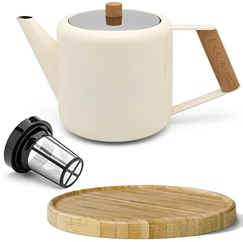 Bredemeijer Teekanne Set 1.1 Liter - Edelstahl doppelwandig Creme-Weiß - Großer moderner Teebereiter mit Tee-Filter-Sieb-Aufsatz für losen Tee - inkl. Holz-Untersetzer braun