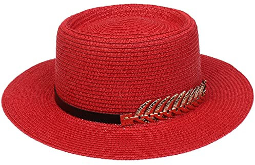 JK Home Femme Chapeau de Paille Panama Large Bord avec Boucle Capeline Eté Anniversaire Camping Plage Rouge