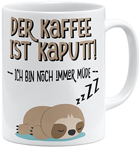 OM3® der Kaffee ist kaputt! Lustige Faultier Kaffee-Tasse mit Spruch - Sloth Morgenmuffel Chiller - Keramik Becher - 325ml - Beidseitig Bedruckt - Weiss