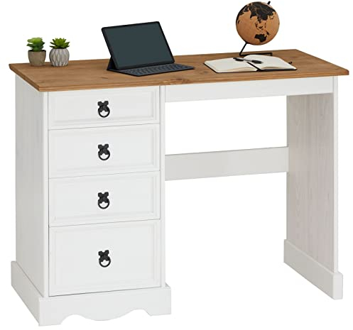 CARO-Möbel Scrivania CAMPO in stile country, elegante tavolo in pino massiccio, tavolo da ufficio con cassetti
