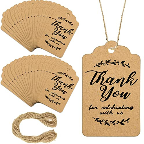 BBTO 100 Pcs Kraft Thank You Tags with String, Brown Wedding Gift Labels | Thank You for Celebrating with Us Printed, Rustic Favour Labels for Baby Shower Birthday Party, 5 X 3 cm Kraft Design
