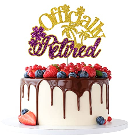Tenhaisi Gold & Purple Officially Retired Cake Topper - Happy Retirement Cake Decor for Women Retirement Party - Ladies Retired, Retirement Party Decoration Supplies
