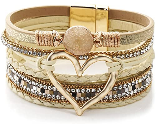 Suyi Multilayer Leather Wrap Bracelet Heart-Shape Wide Cuff Bracelets for Women Girls Khaki
