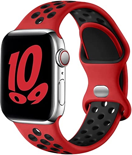 Upeak Sport Cinturino Compatibile con Cinturino Apple Watch 44 mm 45 mm 46 mm 42 mm 49 mm, Cinturini a Doppio Foro in Silicone Traspirante per iWatch Series 10 9 8 7 6 5 4 3 2 1 Ultra SE, L,Rosso/Nero