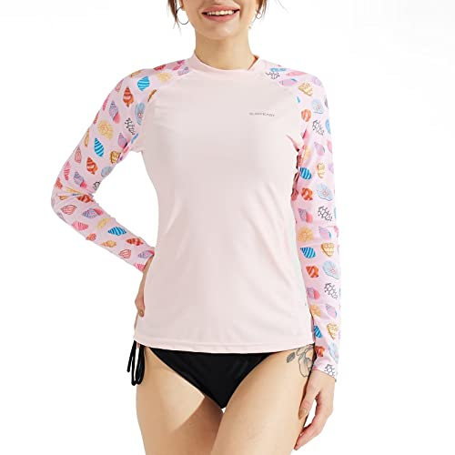 SURFEASY Damen Rash Guard Langarm Sonnenschutz Schnelltrocknend Badeshirt Surf shirt Schwimmen Bademode(Rosa Muscheln,2XL)