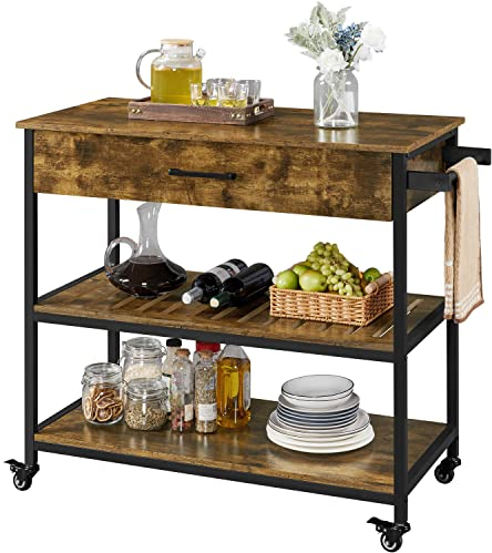Yaheetech Isla Cocina con Ruedas Carrito Madera y Metal Carro Cocina de 3 Niveles con 1 Cajón x Botellero Toallero de Cocina Comedor 101.5×51×92cm Marron Rústico