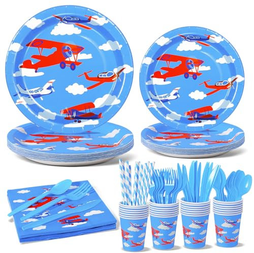 Nkaiso Birthday Party Tableware Set, 192 Pcs Aircraft Kids Birthday Party Supplies Paper Plates Napkins Cups Dinnerware for Birthday Baby Shower Party Decorations -24 Guests