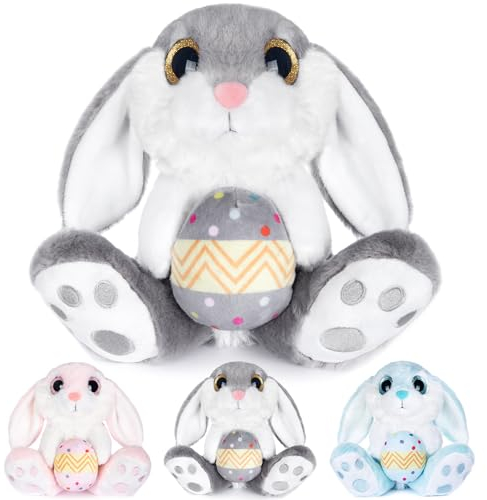 My OLi Osterhase Plüsch Hase mit Osterei 20cm Kuscheltier Hase Stofftier Kuscheltiere Schlappohren Sitzend Kuschelhase Plüschtiere Für Mädchen Kinder Jungen-Graue Farbe