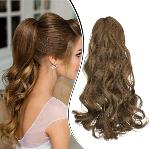 Dcbaboo Ponytail Extension Pferdeschwanz Haarteil Zopf Extension mit Klammer Gewellte Lang Haarverlängerung Zopf Clip Synthetik Wellige Lockig Pferdeschwanz Haarextension, 45cm Aschbraun