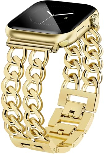 JR.DM Metall Band Gold Kompatibel mit Apple Watch Armband 38mm 40mm 41mm 42mm 44mm 45mm 46mm, Doppelketten Elegant Damen Gliederarmband Ersatz für iWatch Series 10/9/8/7/6/5/4/3/2/1/SE/Ultra